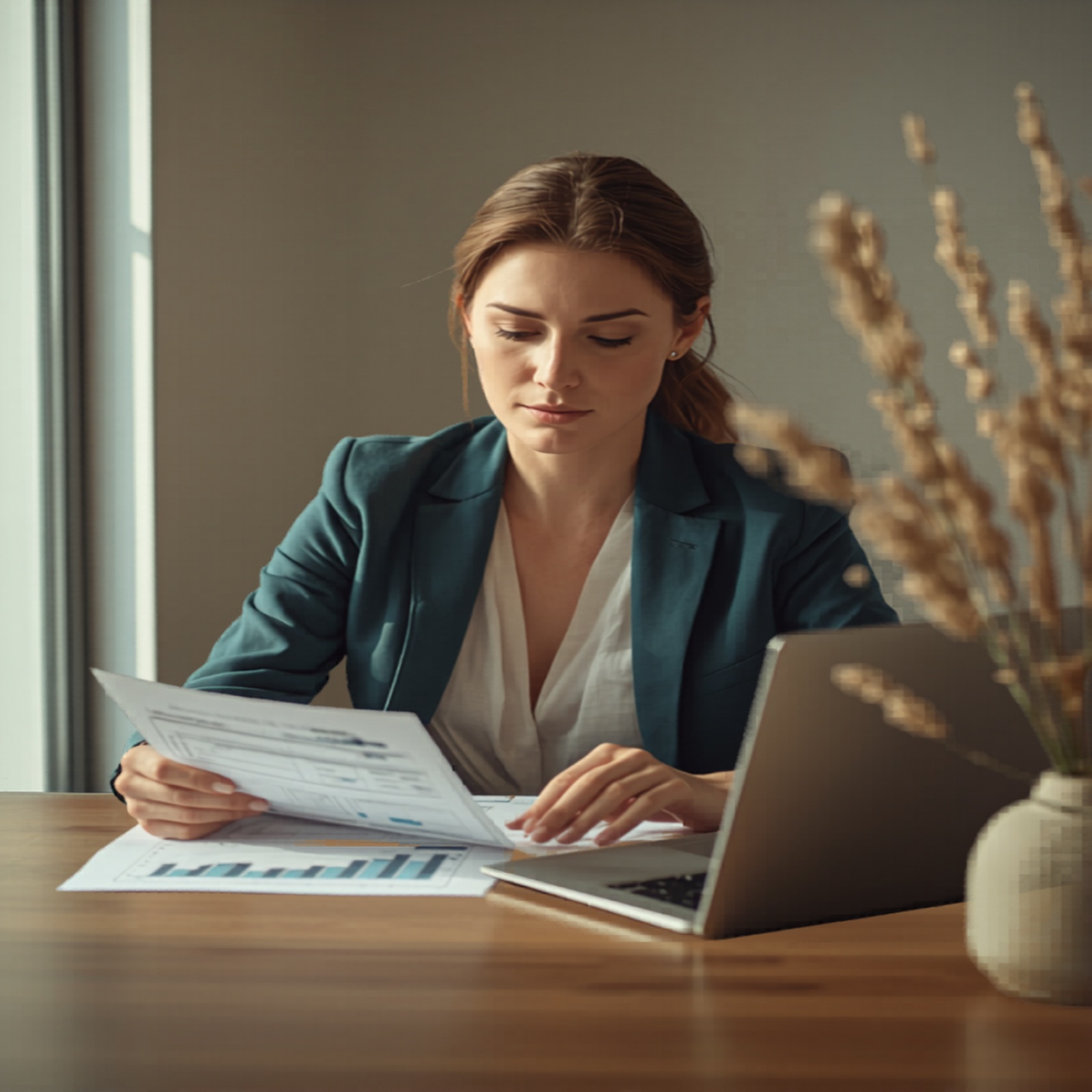 Finance advisor portrait in warm bamboo-toned setting